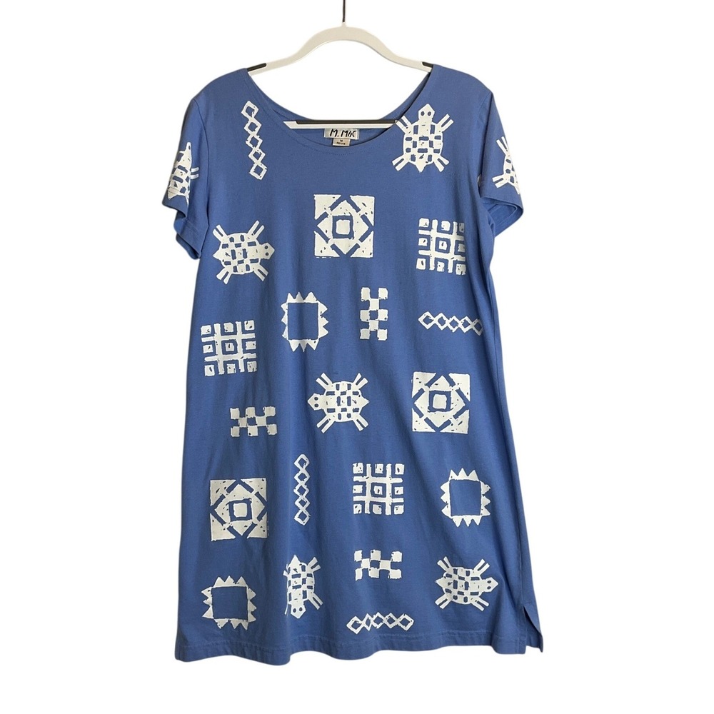 M. Mac Blue Jersey Shirt‎ Dress Midi Short Sleeve Pullover Casual Summer Turtle